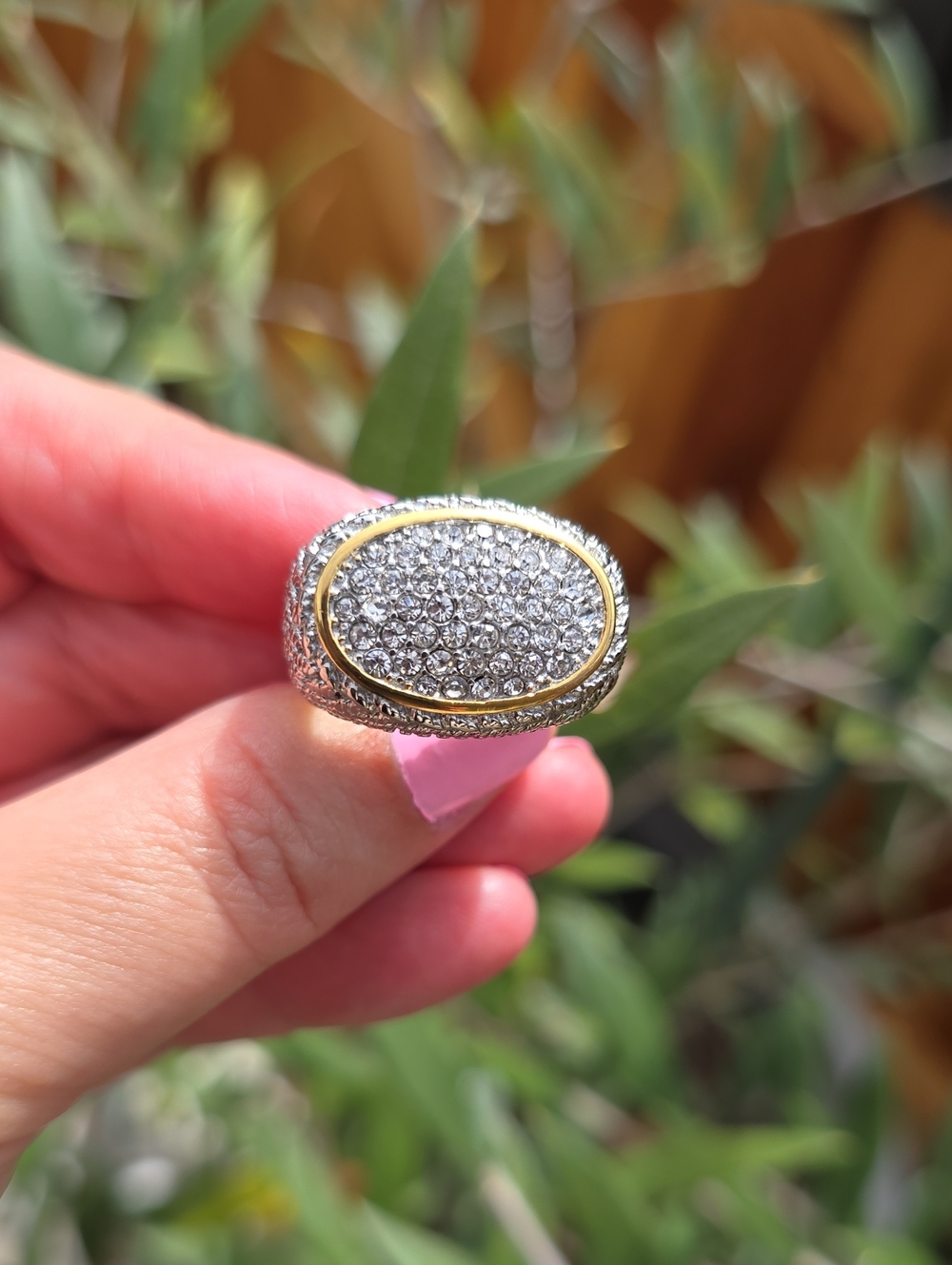 Two-Tone Pavé Crystal Oval Statement Ring - Gold & Silver